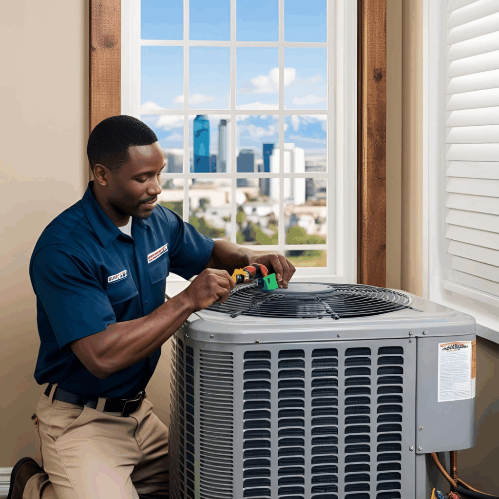 A technician performing seasonal air conditioner maintenance in Salt Lake City, ensuring efficiency and reliability for summer use.