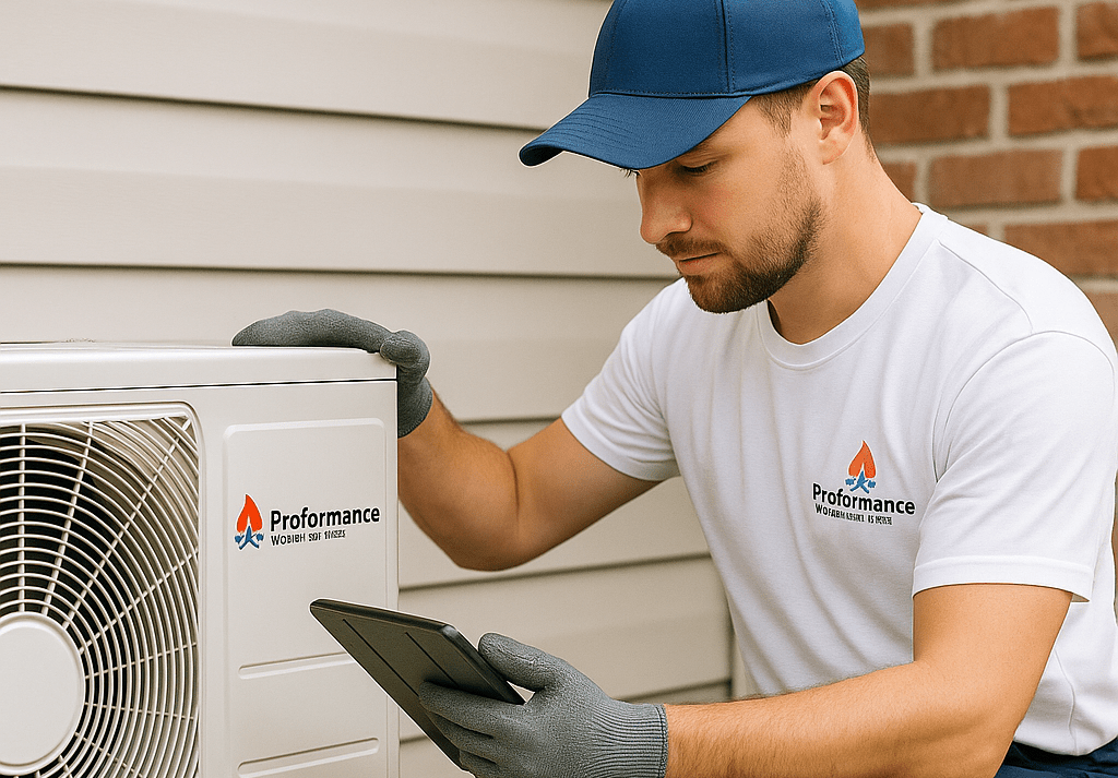 Proformance Heating & Air technician installing an outdoor air conditioning unit beside a Utah home, wearing branded uniform and using a tablet for diagnostics