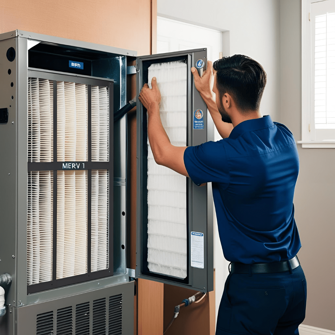 Technician replacing a HEPA filter in an air quality system.