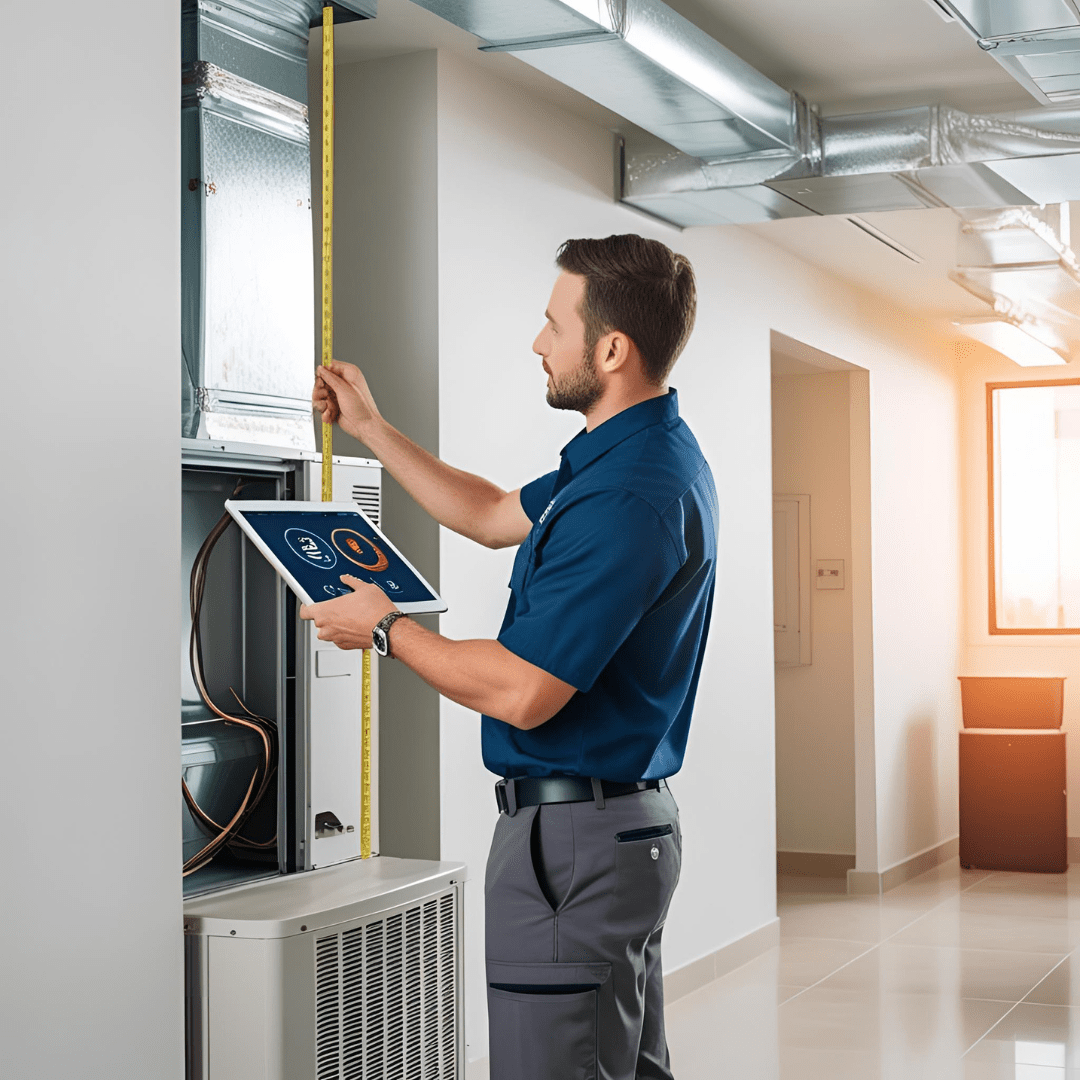 Technician measuring HVAC unit dimensions with a tablet in a commercial space.