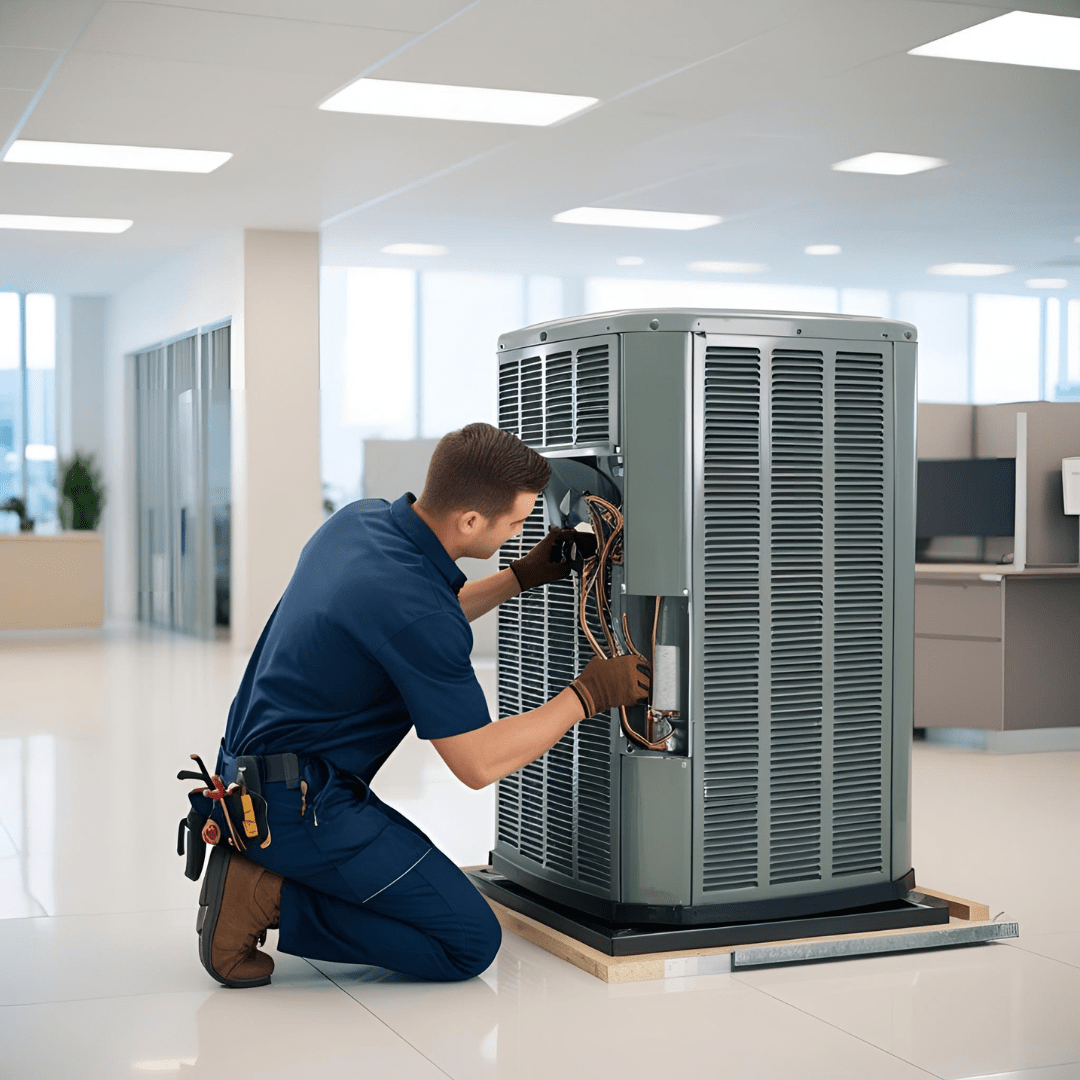 A technician installing a commercial AC system in a business space, focusing on professionalism, precision, and minimal disruption to operations.
