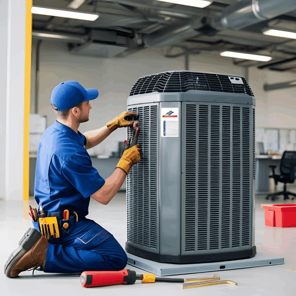 A technician repairing a commercial air conditioning unit in a large space, highlighting fast and professional service for businesses.