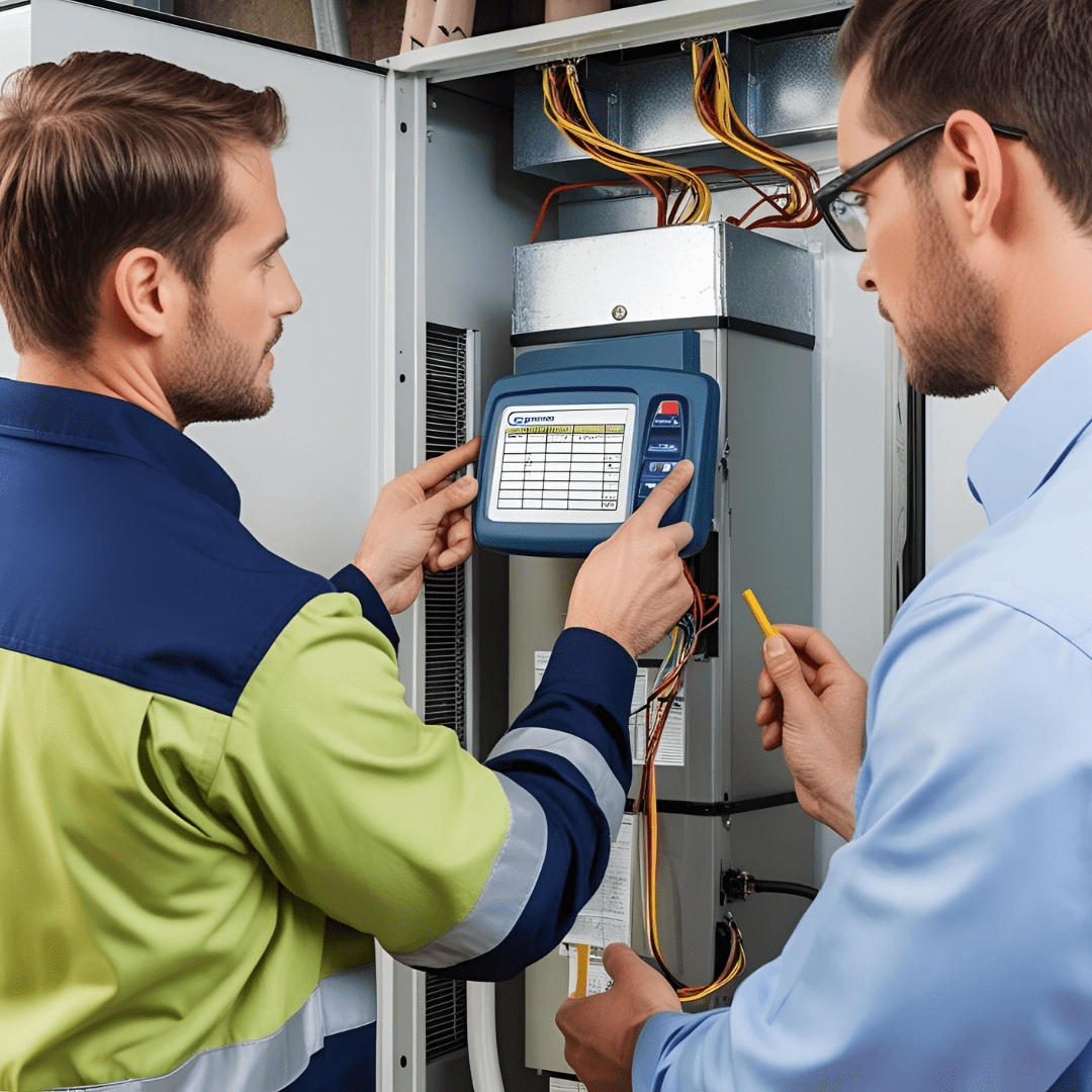 A technician conducting an onsite consultation and load calculation for a commercial AC system, focusing on professional design, installation, and system testing.