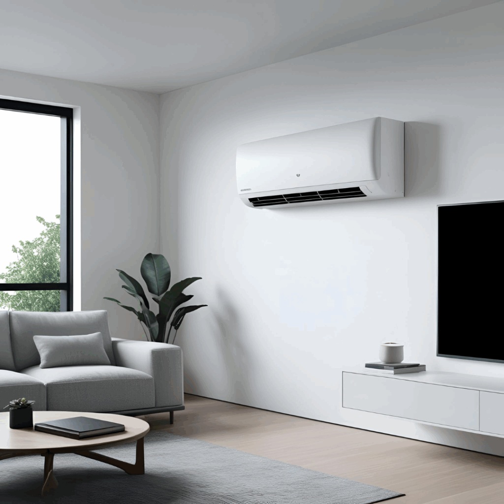 A quiet ductless mini-split system cooling a modern living space, highlighting efficient zoned comfort, low energy use, and clean air.