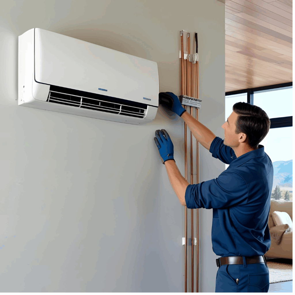 An HVAC technician installs a ductless mini-split unit in a modern home, highlighting flexible and efficient zoned comfort without ductwork.