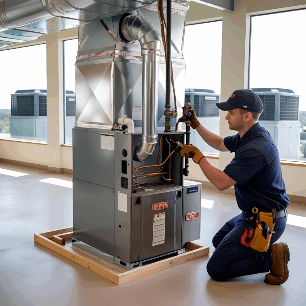 Technician servicing a commercial heating unit in a modern office space.