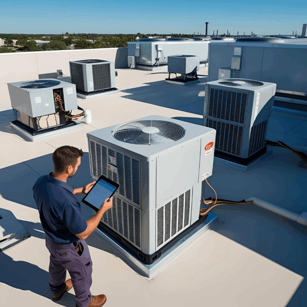 Technician inspecting multiple rooftop AC units on a commercial building using a digital tablet under clear skies