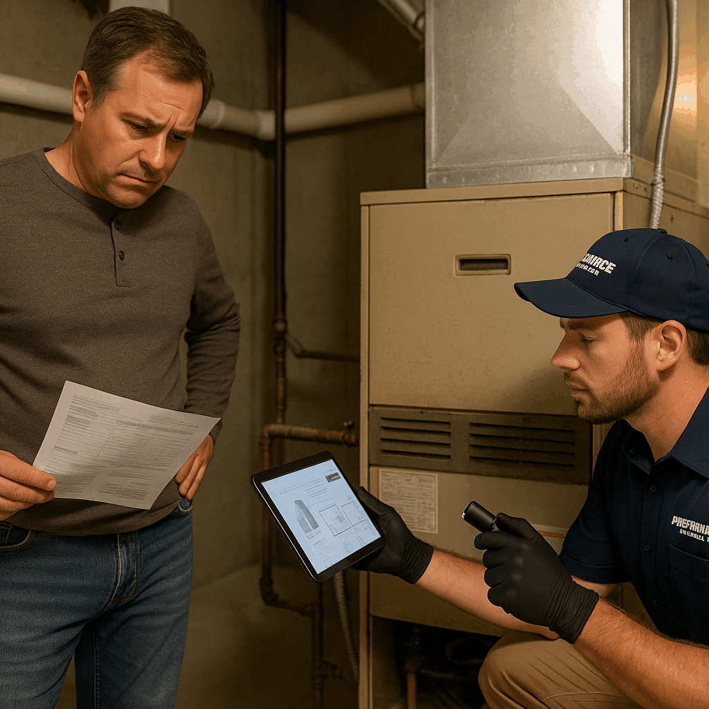 A concerned homeowner in a Salt Lake City basement holds a utility bill while an HVAC technician kneels beside an old furnace, using a flashlight and tablet to explain replacement options.