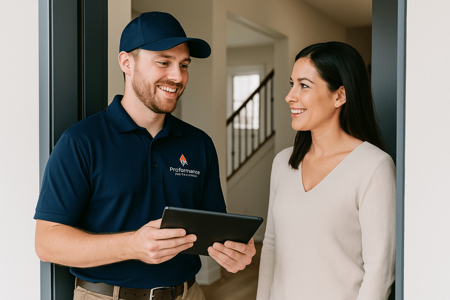 Proformance Heating & Air technician speaking with a homeowner at the front door during an HVAC consultation, holding a tablet and wearing a branded uniform