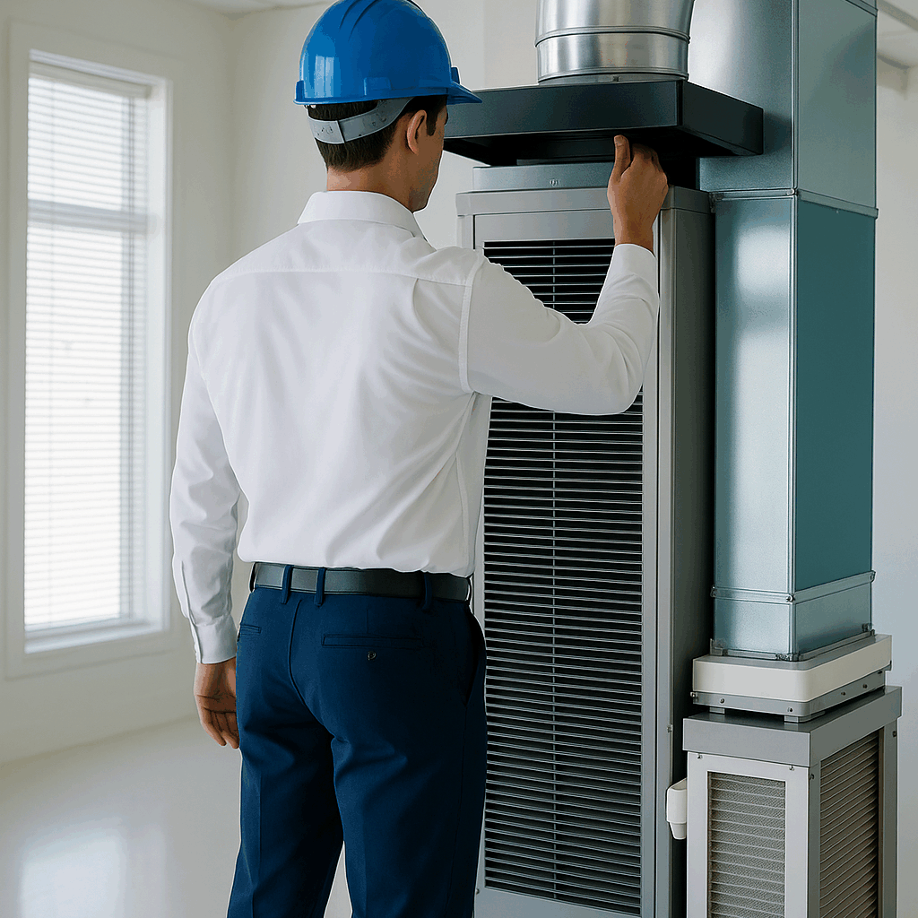 Technician inspecting an air filtration system to improve indoor air quality