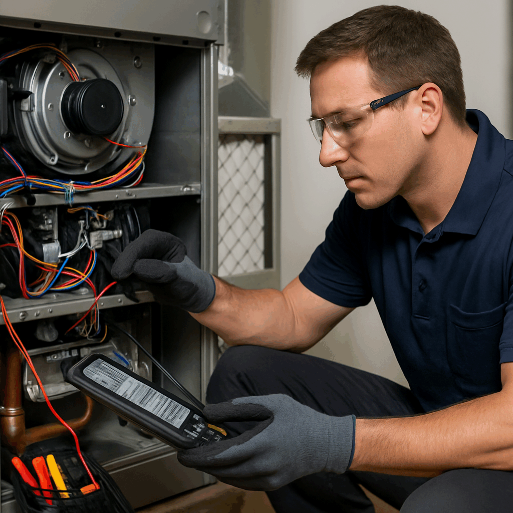 A focused HVAC technician kneels beside an open furnace, using a multimeter and adjusting internal wiring during installation inside a clean Salt Lake City utility room.