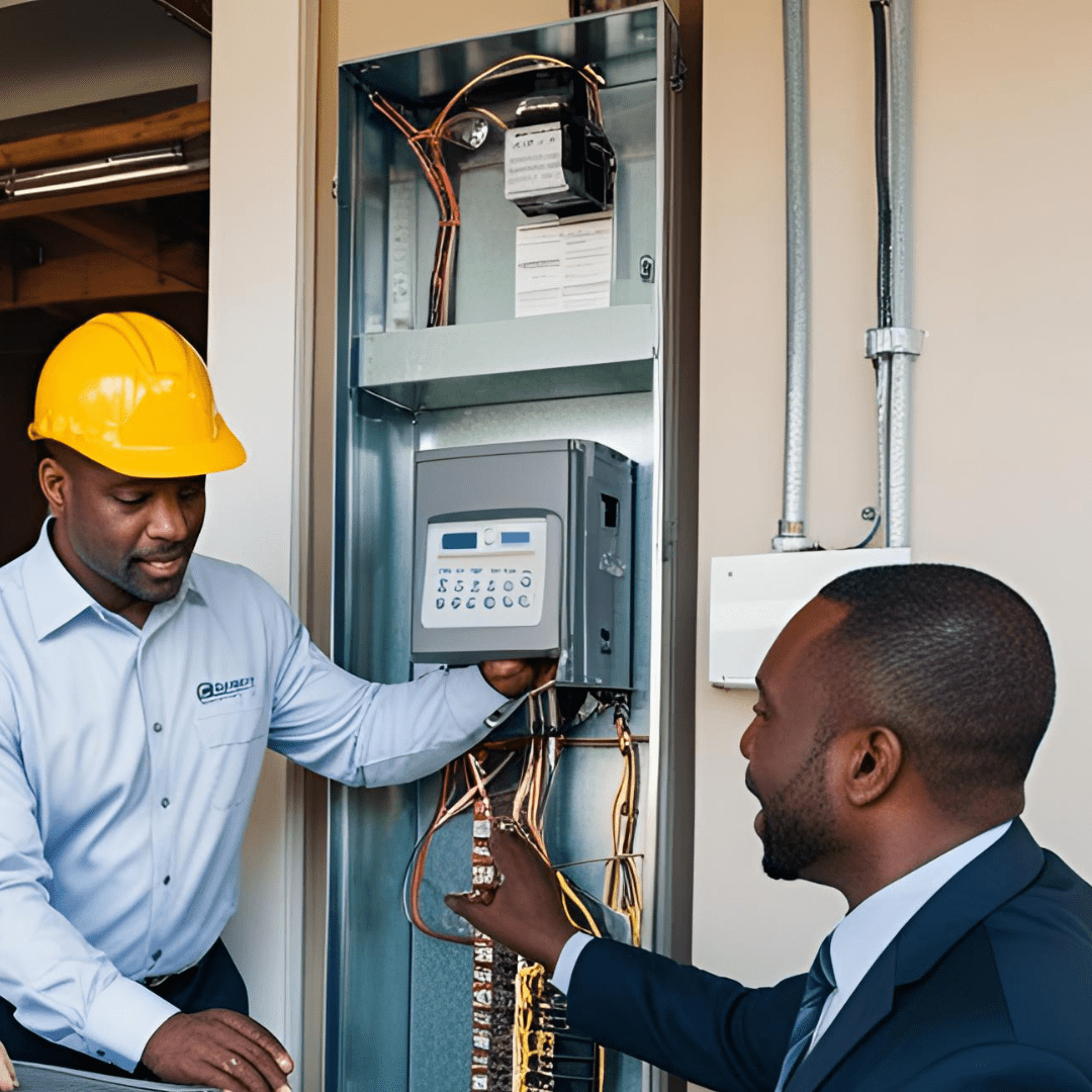 Technicians discussing commercial AC installation with control panel.