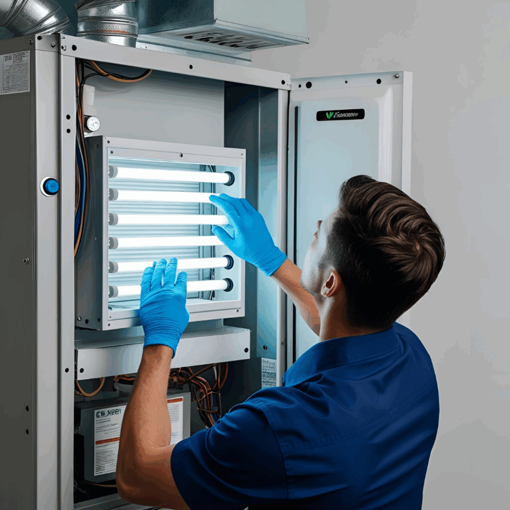Technician installing UV-C light purification system in an HVAC unit for pathogen control