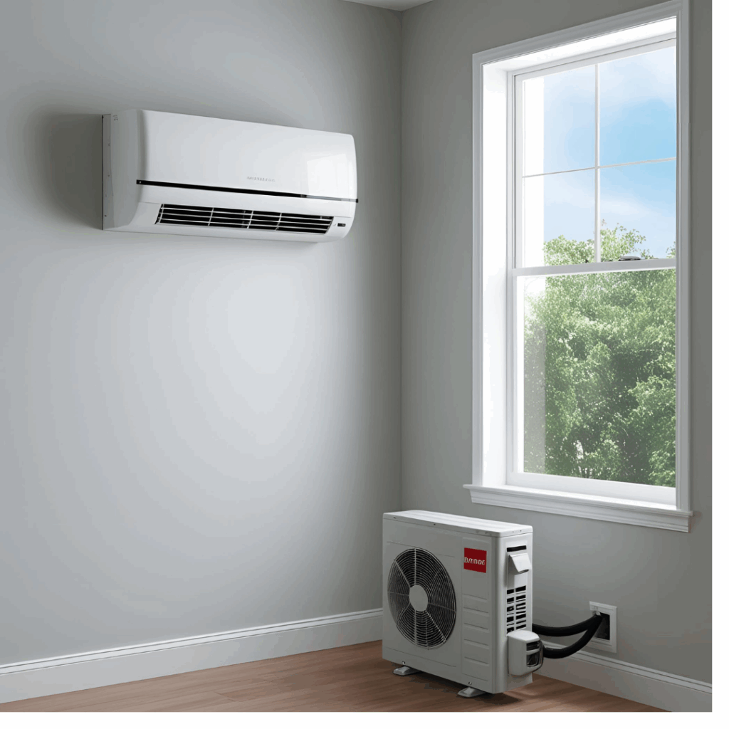 A ductless mini-split system with a wall-mounted indoor unit and outdoor compressor, illustrating zoned cooling and modern, efficient design.