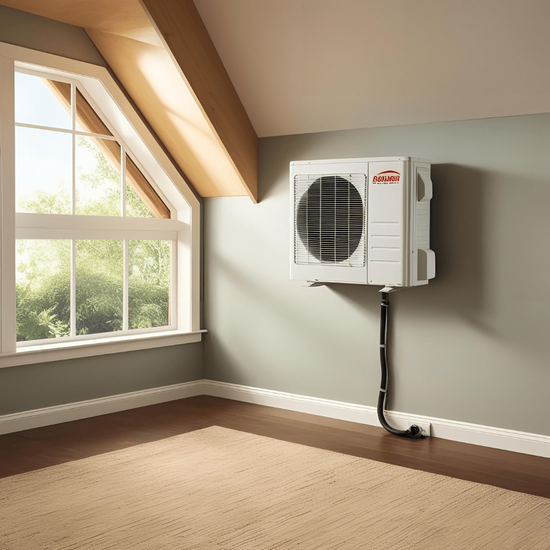 Ductless mini-split air conditioning unit mounted on a wall in a room.