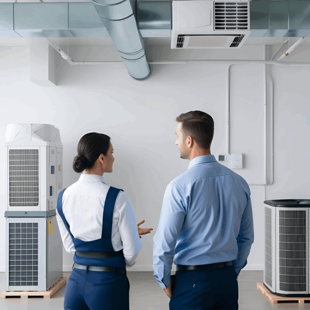 Technician explaining indoor air quality solutions to a business owner