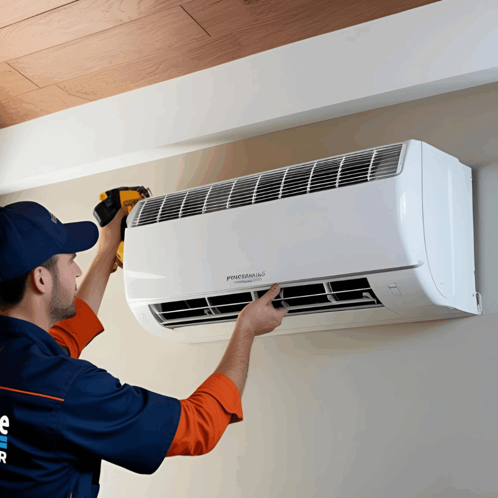 Technician installing a ductless mini-split air conditioning unit on a wall.