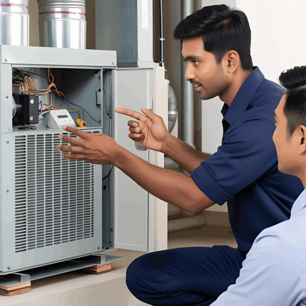A technician evaluating an old commercial AC system, highlighting the benefits of upgrading to high-efficiency equipment and improved comfort.