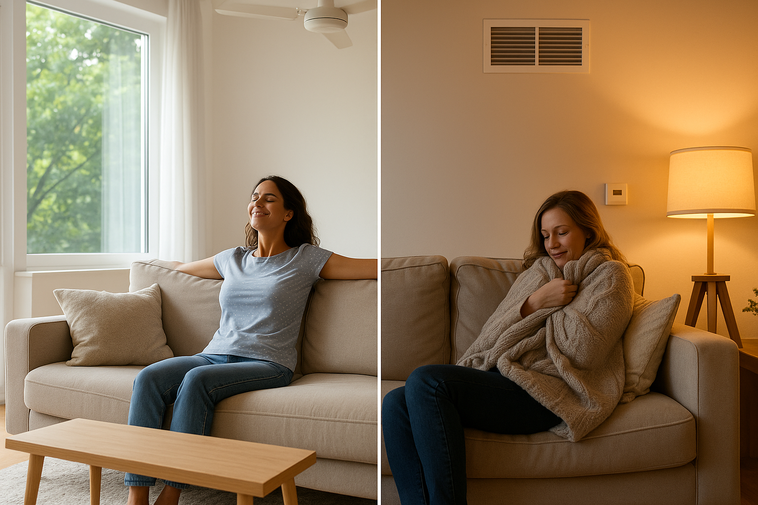 Interior of a Utah home showing both summer and winter comfort—cool air conditioning and cozy heating—delivered by efficient HVAC systems