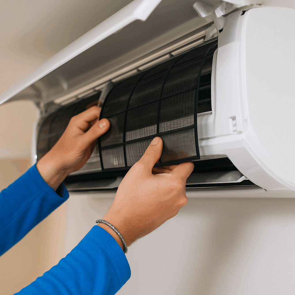 A close-up of a person in a blue shirt removing a dirty air filter from a wall-mounted ductless mini-split unit, with the unit's panel open during indoor maintenance.