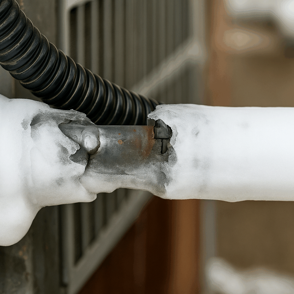 A close-up view of a frozen refrigerant line on an HVAC system, with thick frost buildup on the metal pipe and surrounding components, indicating coil freezing or refrigerant issues.