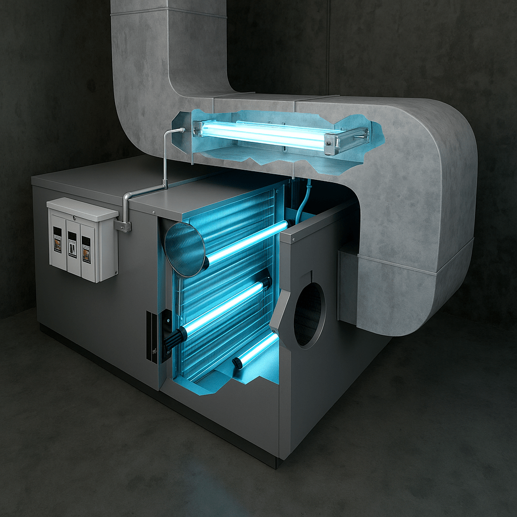 Cutaway view of an HVAC UV light duct system with glowing tubes