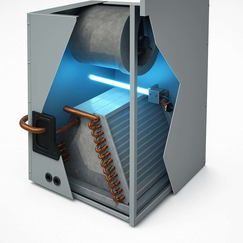 3D rendering of an HVAC unit with its panel open, showcasing a glowing UV-C light tube above the evaporator coil and internal components, set against a clean white background.