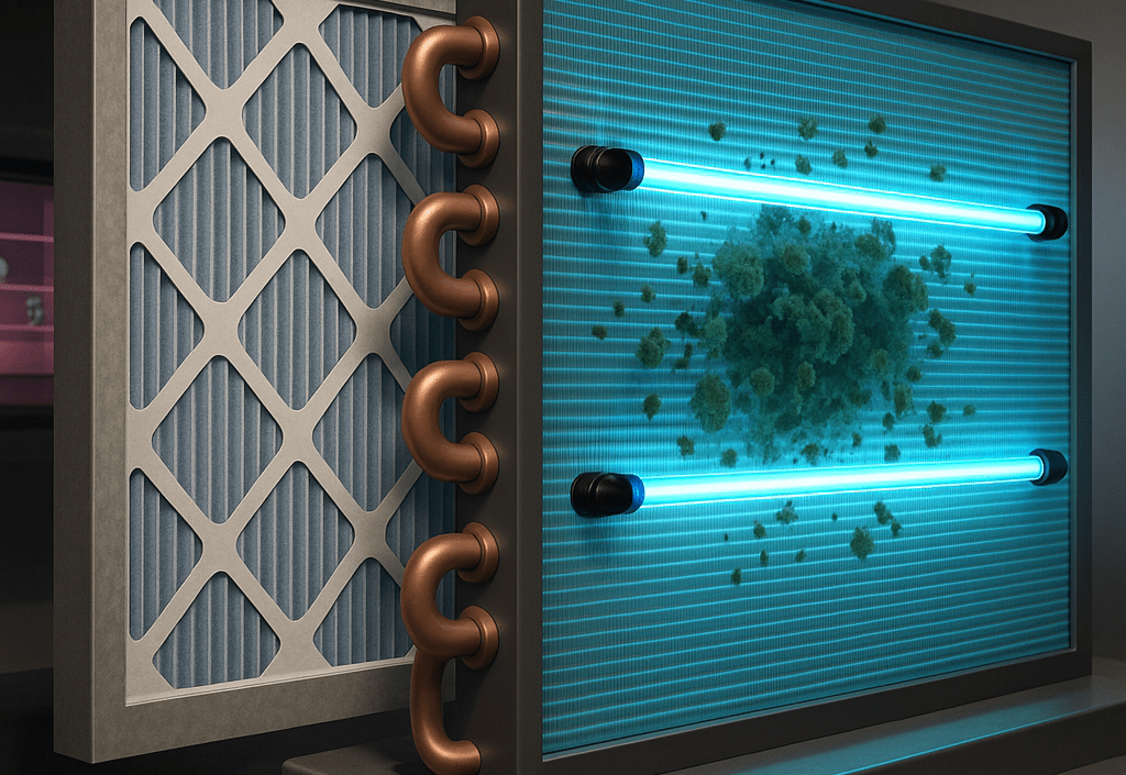 3D rendering of an HVAC air purification system showing a HEPA filter on the left, copper coils in the center, and a glowing blue UV-C light panel on the right with visible pathogens being targeted for elimination.