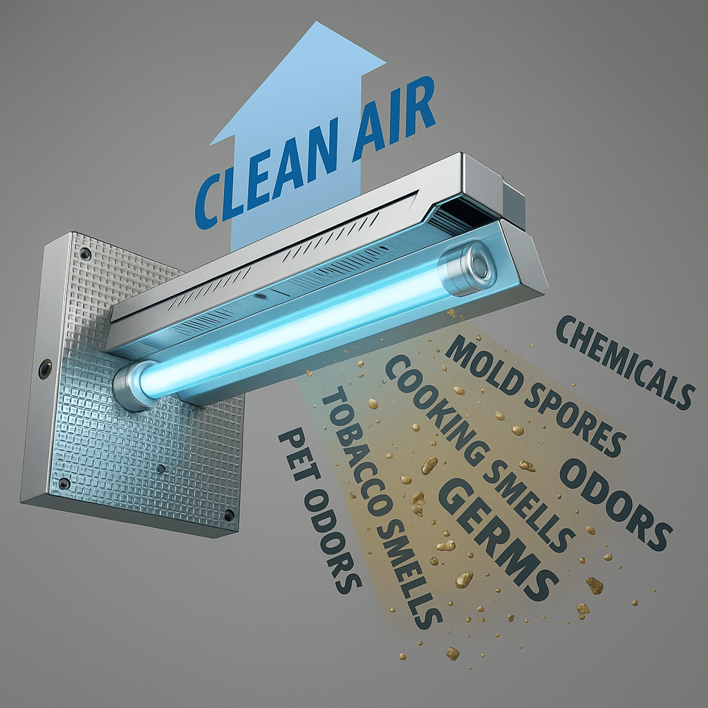3D rendering of a UV-C air purifier mounted on a wall, emitting a blue glow and removing pollutants like germs, mold spores, odors, and chemicals, with a large arrow labeled “Clean Air” pointing upward.