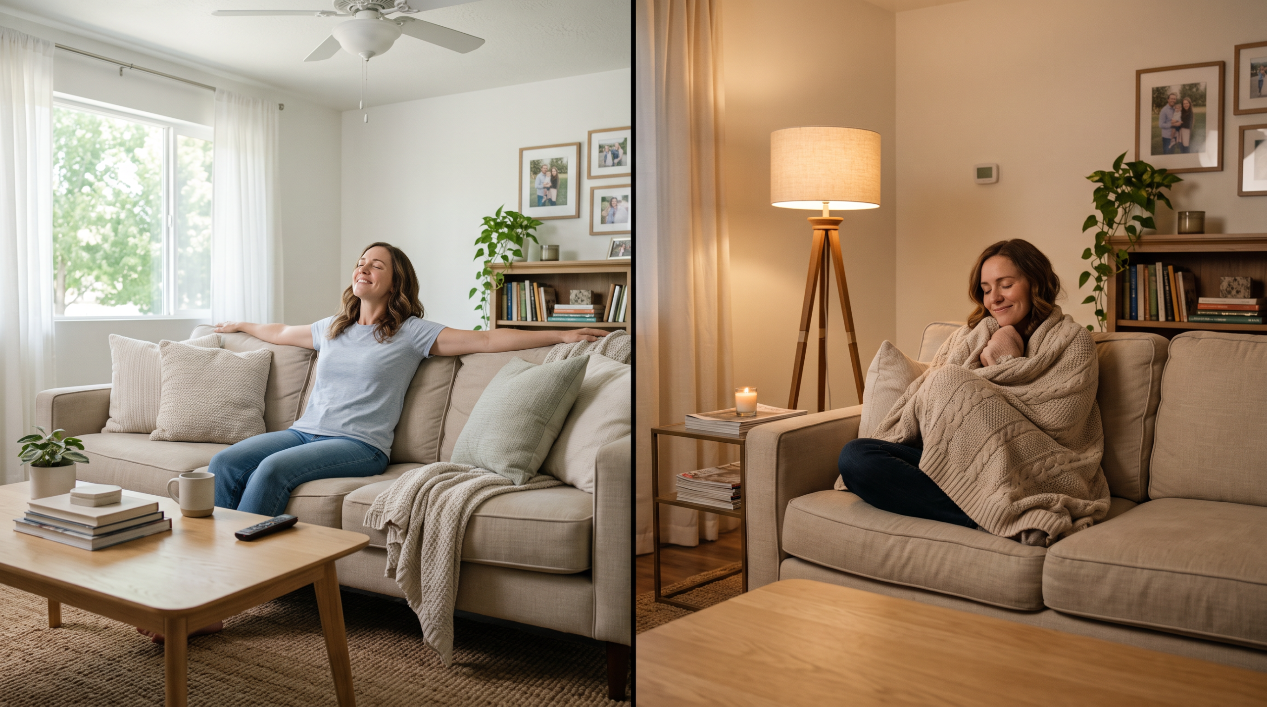 Woman relaxing on her sofa in a cool, sunny living room in summer and wrapped in a cozy blanket in winter, showing year-round heating and air conditioning comfort in a Salt Lake City home