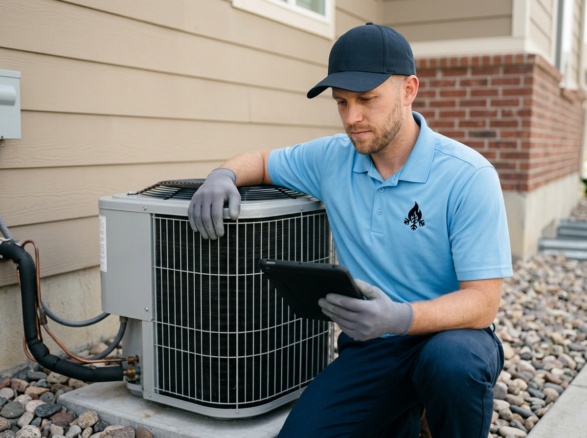 Proformance HVAC technician kneeling beside a central air conditioner condenser outside a Utah home, checking diagnostics on a tablet
