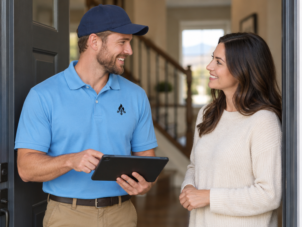 Proformance HVAC technician in a light blue polo showing a homeowner a heating and cooling estimate on a tablet at her front door in Salt Lake City